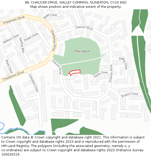 88, CHAUCER DRIVE, GALLEY COMMON, NUNEATON, CV10 9SD: Location map and indicative extent of plot