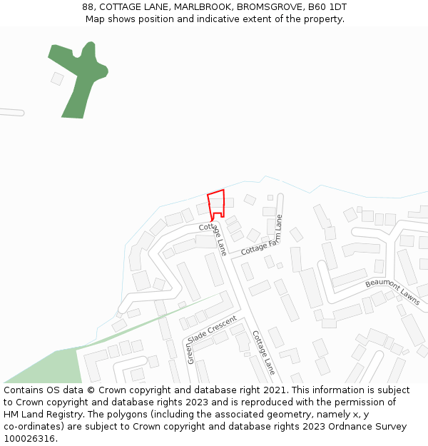 88, COTTAGE LANE, MARLBROOK, BROMSGROVE, B60 1DT: Location map and indicative extent of plot