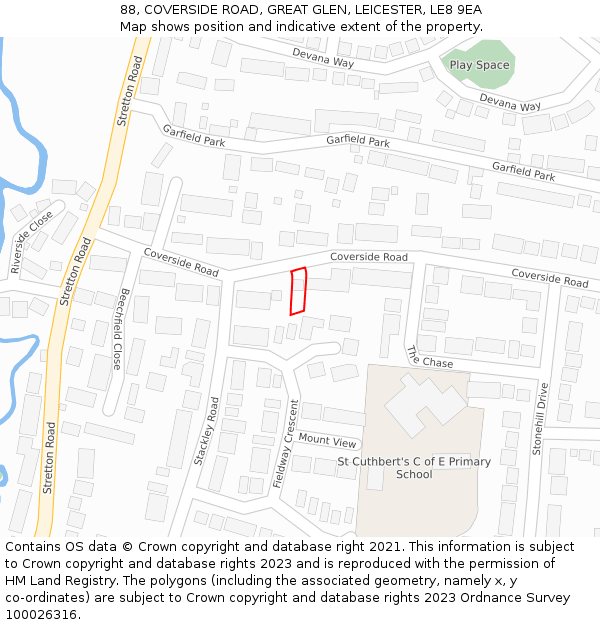 88, COVERSIDE ROAD, GREAT GLEN, LEICESTER, LE8 9EA: Location map and indicative extent of plot