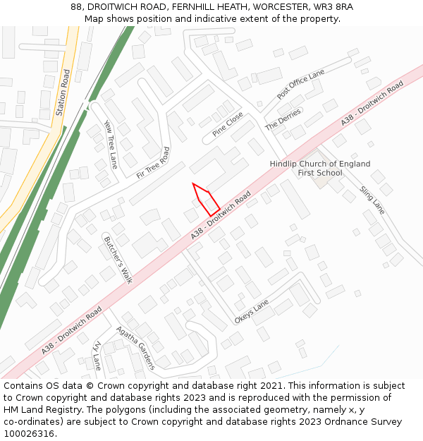 88, DROITWICH ROAD, FERNHILL HEATH, WORCESTER, WR3 8RA: Location map and indicative extent of plot