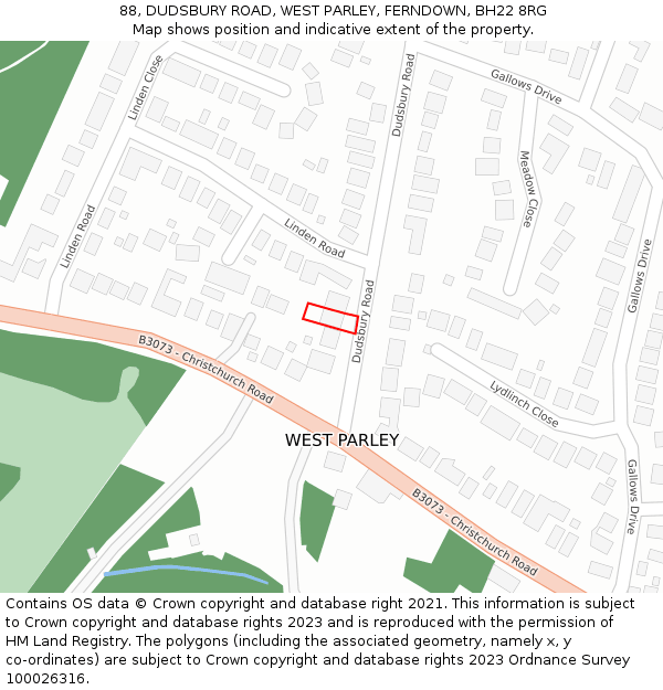 88, DUDSBURY ROAD, WEST PARLEY, FERNDOWN, BH22 8RG: Location map and indicative extent of plot