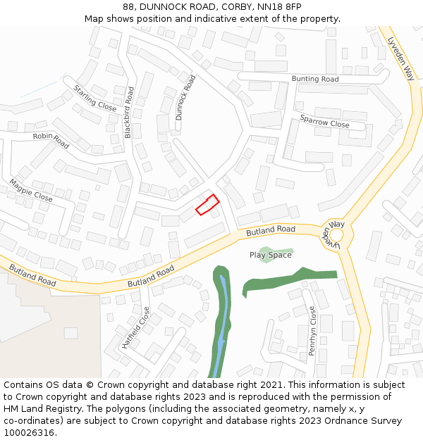 88, DUNNOCK ROAD, CORBY, NN18 8FP: Location map and indicative extent of plot