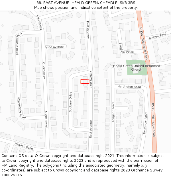 88, EAST AVENUE, HEALD GREEN, CHEADLE, SK8 3BS: Location map and indicative extent of plot