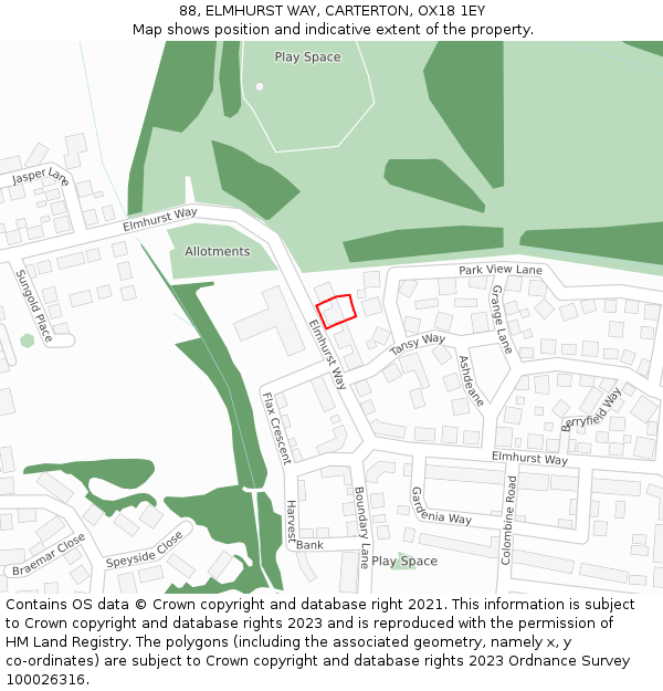 88, ELMHURST WAY, CARTERTON, OX18 1EY: Location map and indicative extent of plot