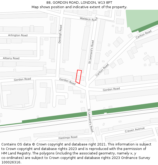 88, GORDON ROAD, LONDON, W13 8PT: Location map and indicative extent of plot