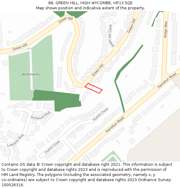 88, GREEN HILL, HIGH WYCOMBE, HP13 5QE: Location map and indicative extent of plot