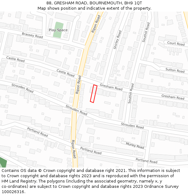 88, GRESHAM ROAD, BOURNEMOUTH, BH9 1QT: Location map and indicative extent of plot