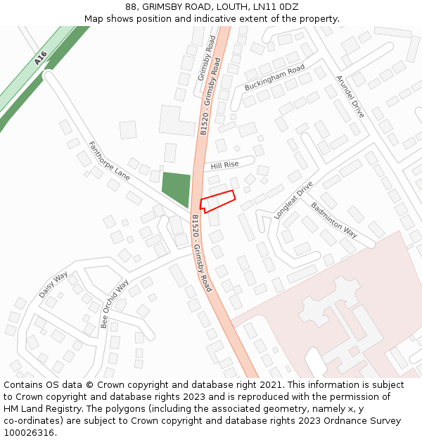 88, GRIMSBY ROAD, LOUTH, LN11 0DZ: Location map and indicative extent of plot