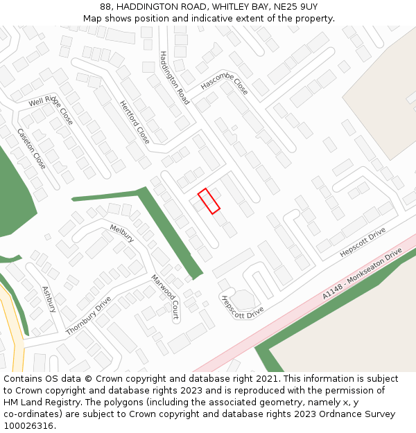 88, HADDINGTON ROAD, WHITLEY BAY, NE25 9UY: Location map and indicative extent of plot
