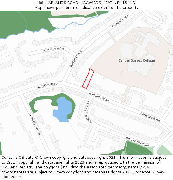 88, HARLANDS ROAD, HAYWARDS HEATH, RH16 1LS: Location map and indicative extent of plot