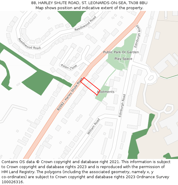 88, HARLEY SHUTE ROAD, ST. LEONARDS-ON-SEA, TN38 8BU: Location map and indicative extent of plot