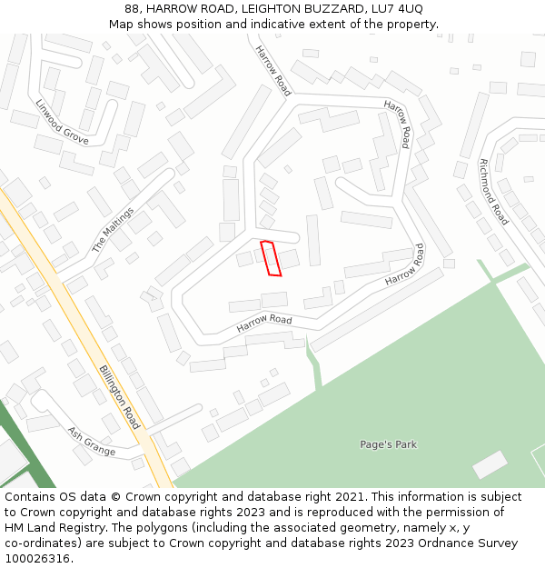 88, HARROW ROAD, LEIGHTON BUZZARD, LU7 4UQ: Location map and indicative extent of plot