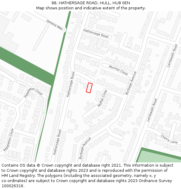 88, HATHERSAGE ROAD, HULL, HU8 0EN: Location map and indicative extent of plot
