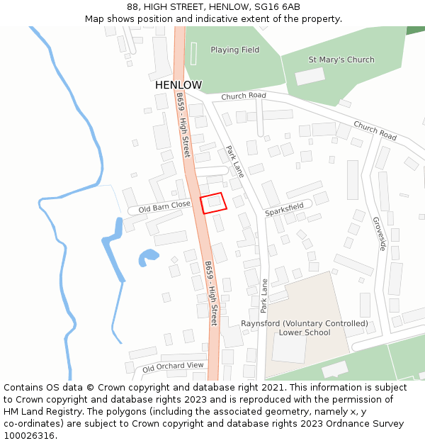88, HIGH STREET, HENLOW, SG16 6AB: Location map and indicative extent of plot