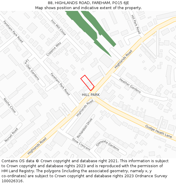 88, HIGHLANDS ROAD, FAREHAM, PO15 6JE: Location map and indicative extent of plot