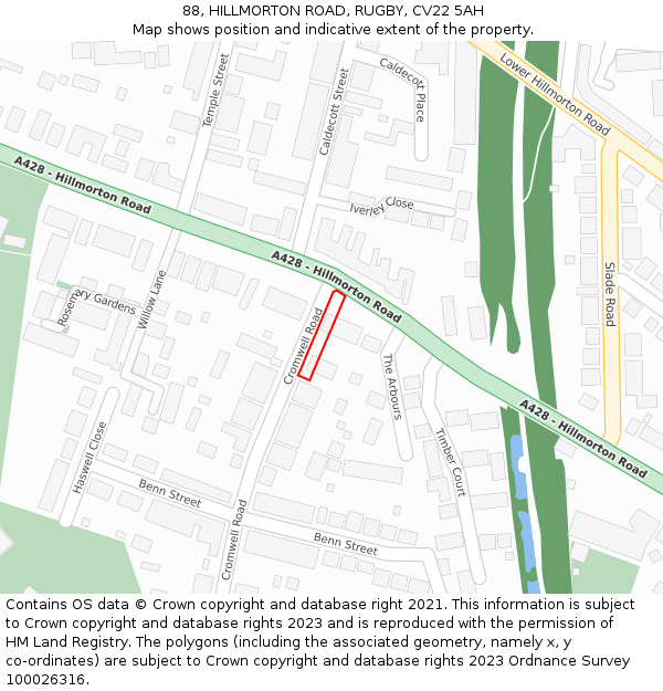 88, HILLMORTON ROAD, RUGBY, CV22 5AH: Location map and indicative extent of plot