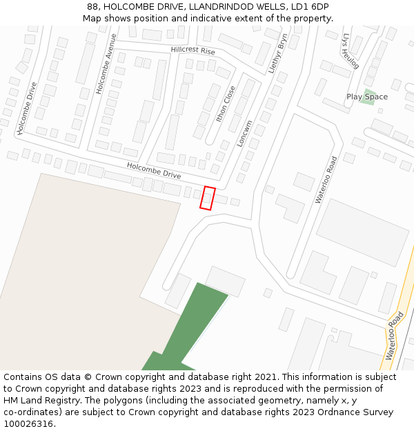 88, HOLCOMBE DRIVE, LLANDRINDOD WELLS, LD1 6DP: Location map and indicative extent of plot