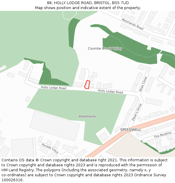 88, HOLLY LODGE ROAD, BRISTOL, BS5 7UD: Location map and indicative extent of plot