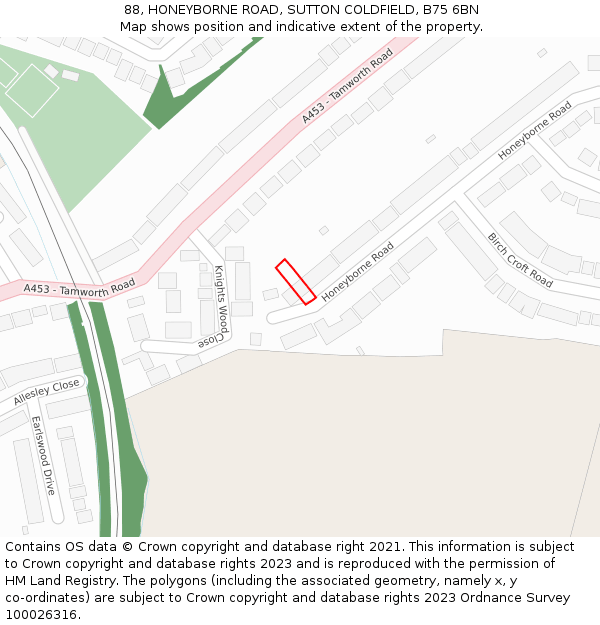 88, HONEYBORNE ROAD, SUTTON COLDFIELD, B75 6BN: Location map and indicative extent of plot
