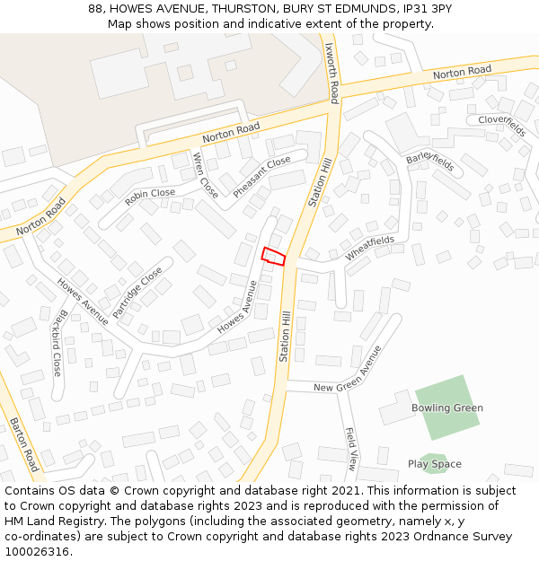 88, HOWES AVENUE, THURSTON, BURY ST EDMUNDS, IP31 3PY: Location map and indicative extent of plot