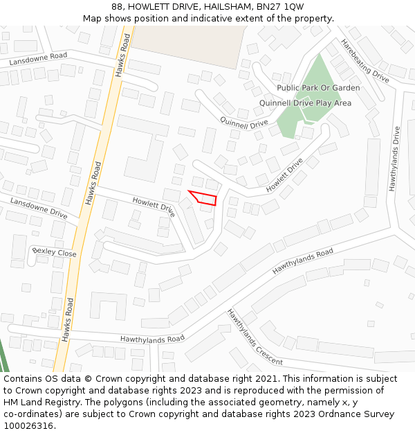 88, HOWLETT DRIVE, HAILSHAM, BN27 1QW: Location map and indicative extent of plot