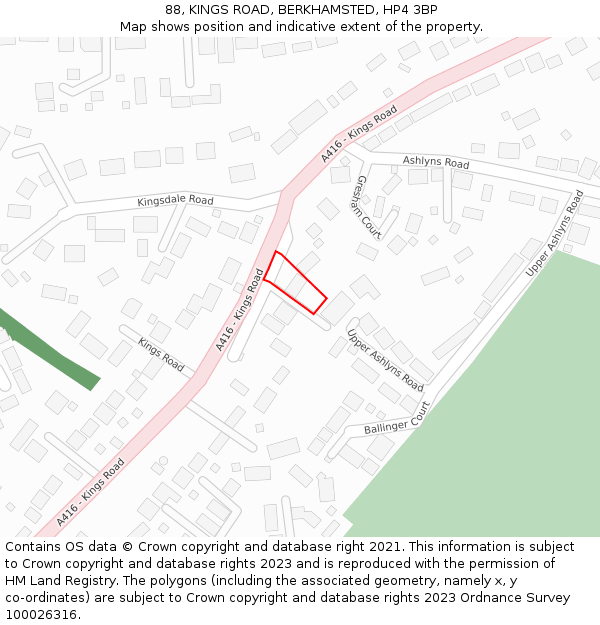 88, KINGS ROAD, BERKHAMSTED, HP4 3BP: Location map and indicative extent of plot