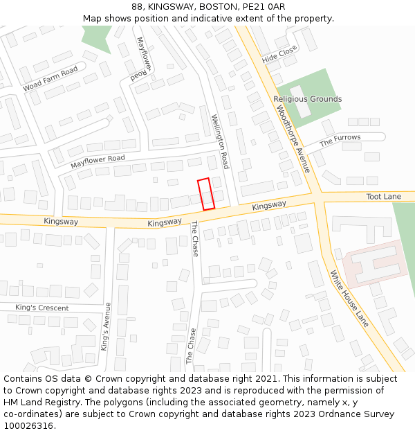 88, KINGSWAY, BOSTON, PE21 0AR: Location map and indicative extent of plot