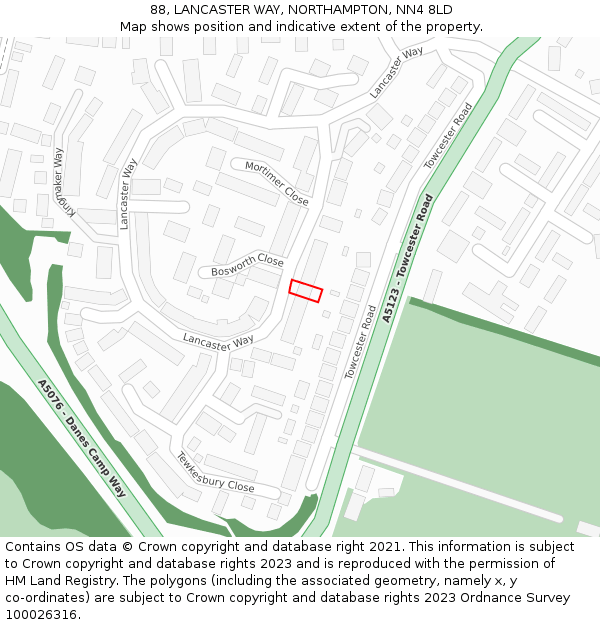 88, LANCASTER WAY, NORTHAMPTON, NN4 8LD: Location map and indicative extent of plot