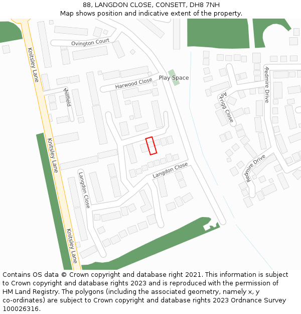 88, LANGDON CLOSE, CONSETT, DH8 7NH: Location map and indicative extent of plot