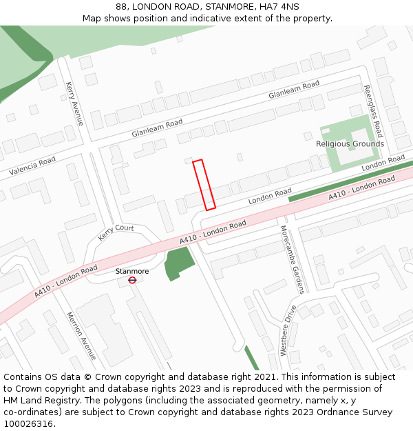 88, LONDON ROAD, STANMORE, HA7 4NS: Location map and indicative extent of plot