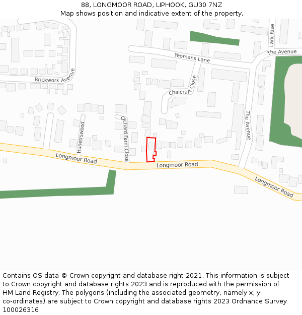 88, LONGMOOR ROAD, LIPHOOK, GU30 7NZ: Location map and indicative extent of plot