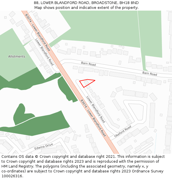 88, LOWER BLANDFORD ROAD, BROADSTONE, BH18 8ND: Location map and indicative extent of plot