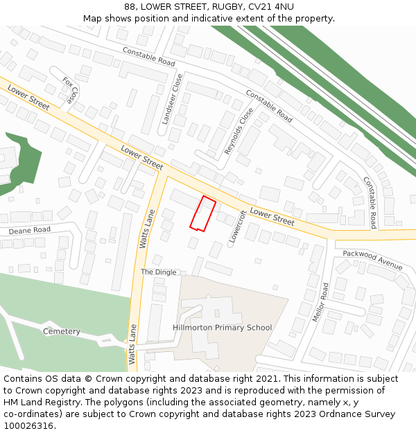 88, LOWER STREET, RUGBY, CV21 4NU: Location map and indicative extent of plot