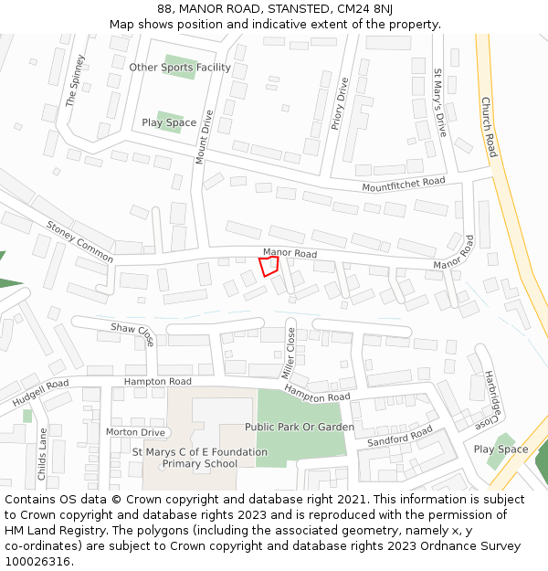 88, MANOR ROAD, STANSTED, CM24 8NJ: Location map and indicative extent of plot