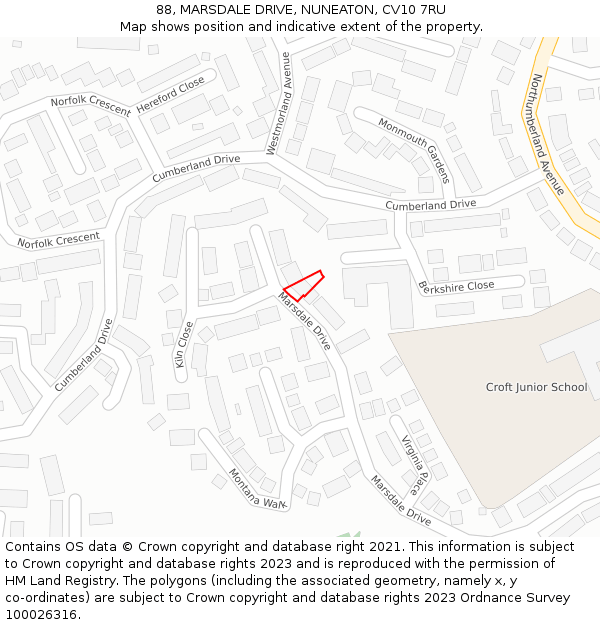 88, MARSDALE DRIVE, NUNEATON, CV10 7RU: Location map and indicative extent of plot