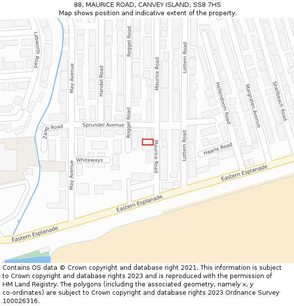 88, MAURICE ROAD, CANVEY ISLAND, SS8 7HS: Location map and indicative extent of plot