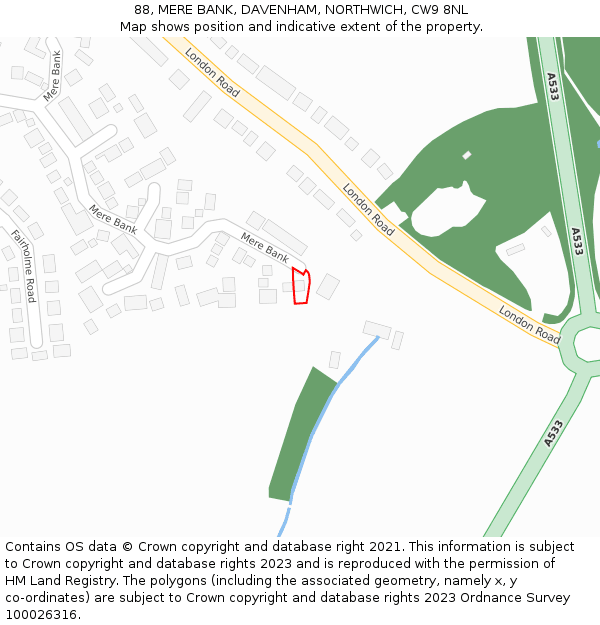 88, MERE BANK, DAVENHAM, NORTHWICH, CW9 8NL: Location map and indicative extent of plot