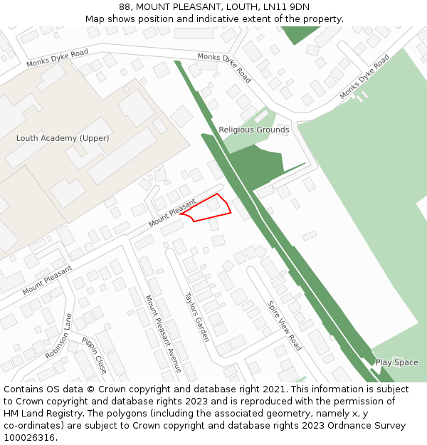 88, MOUNT PLEASANT, LOUTH, LN11 9DN: Location map and indicative extent of plot