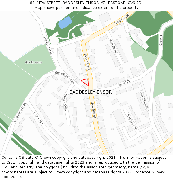 88, NEW STREET, BADDESLEY ENSOR, ATHERSTONE, CV9 2DL: Location map and indicative extent of plot