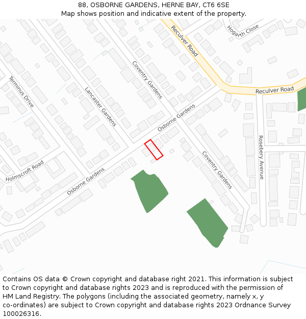 88, OSBORNE GARDENS, HERNE BAY, CT6 6SE: Location map and indicative extent of plot