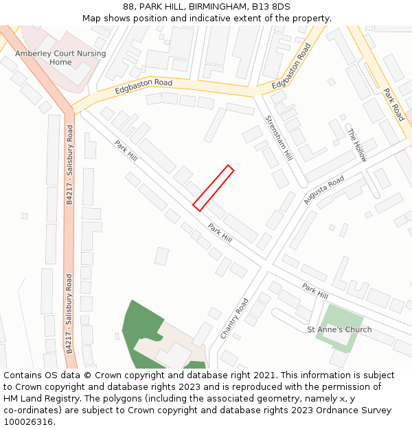 88, PARK HILL, BIRMINGHAM, B13 8DS: Location map and indicative extent of plot