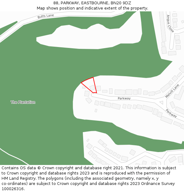 88, PARKWAY, EASTBOURNE, BN20 9DZ: Location map and indicative extent of plot