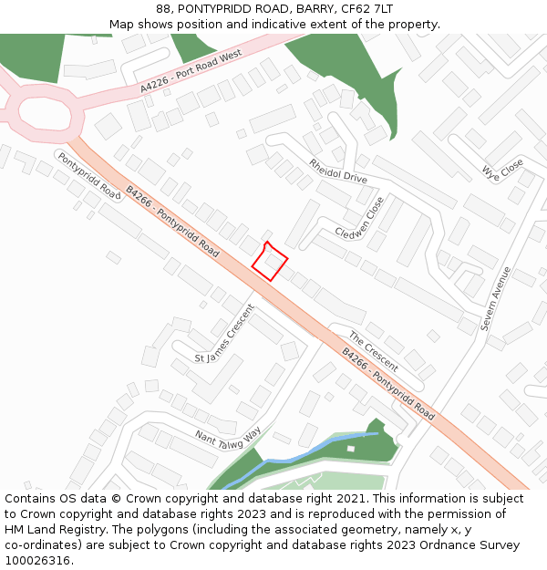 88, PONTYPRIDD ROAD, BARRY, CF62 7LT: Location map and indicative extent of plot