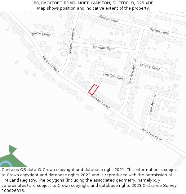 88, RACKFORD ROAD, NORTH ANSTON, SHEFFIELD, S25 4DF: Location map and indicative extent of plot