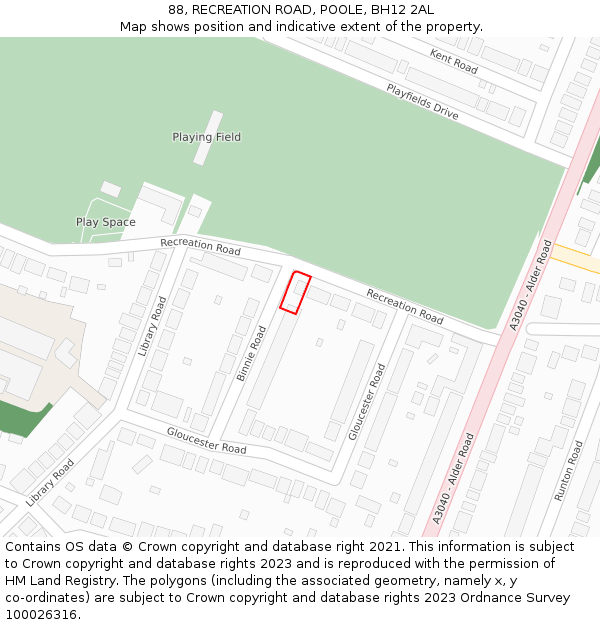88, RECREATION ROAD, POOLE, BH12 2AL: Location map and indicative extent of plot