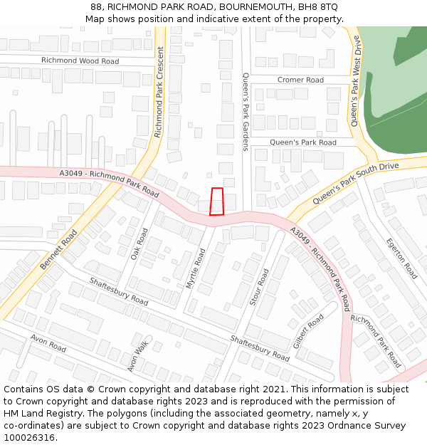 88, RICHMOND PARK ROAD, BOURNEMOUTH, BH8 8TQ: Location map and indicative extent of plot