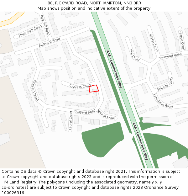 88, RICKYARD ROAD, NORTHAMPTON, NN3 3RR: Location map and indicative extent of plot