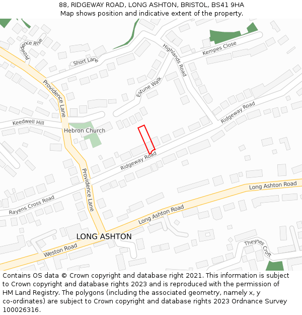 88, RIDGEWAY ROAD, LONG ASHTON, BRISTOL, BS41 9HA: Location map and indicative extent of plot