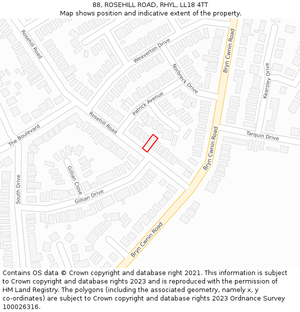 88, ROSEHILL ROAD, RHYL, LL18 4TT: Location map and indicative extent of plot