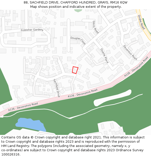 88, SACHFIELD DRIVE, CHAFFORD HUNDRED, GRAYS, RM16 6QW: Location map and indicative extent of plot